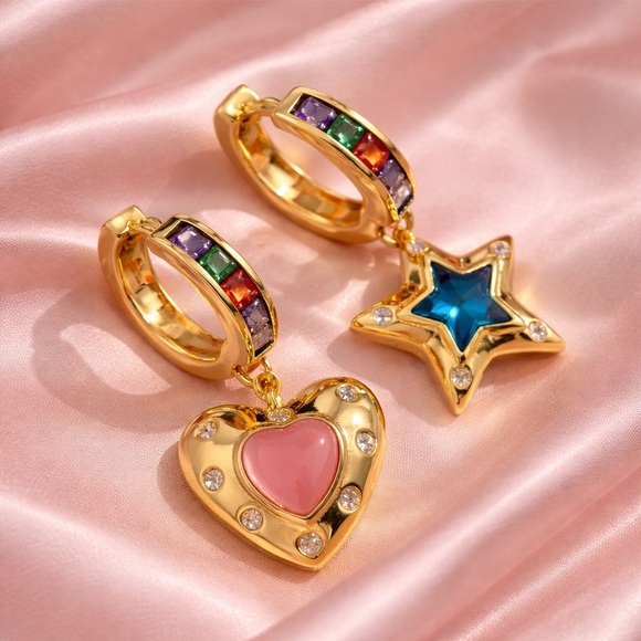 Anthropologie Jewelry - Gold Rainbow Charm Earrings –Heart & Star Drop, Colorful Crystal Statement Hoops
